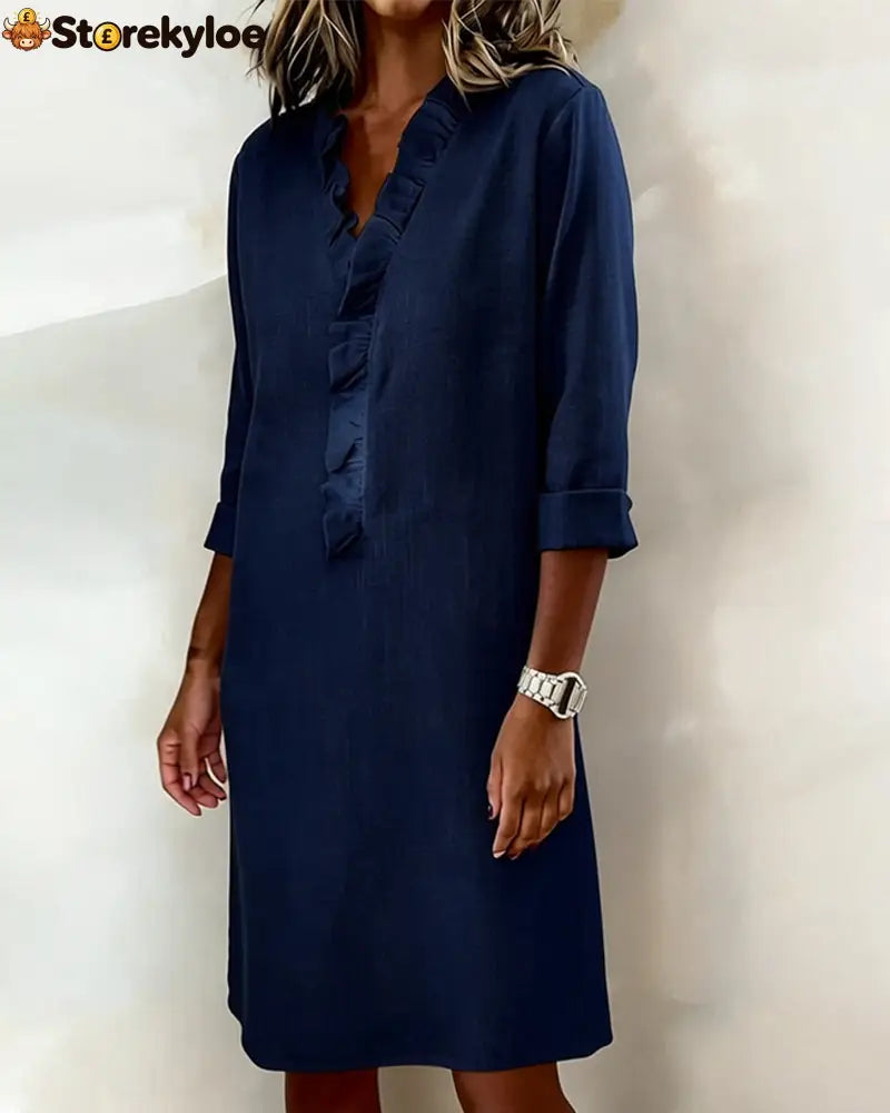 Ruffled V-Neck Solid Color Dress