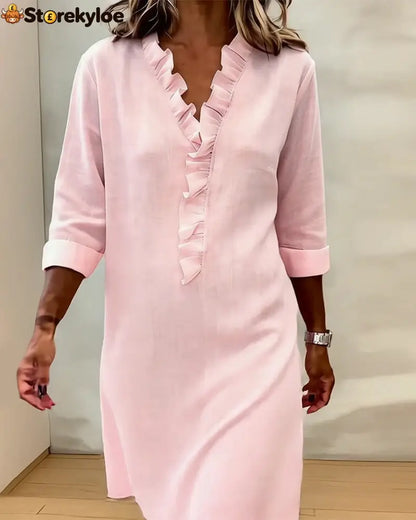 Ruffled V-Neck Solid Color Dress