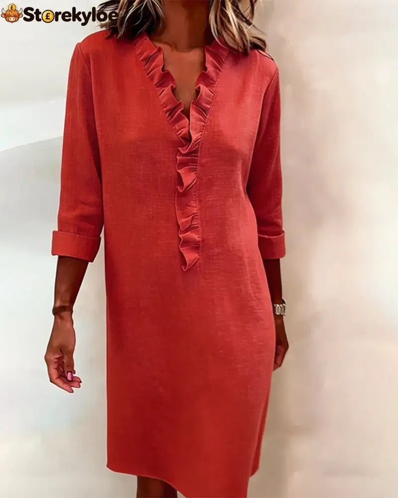 Ruffled V-Neck Solid Color Dress