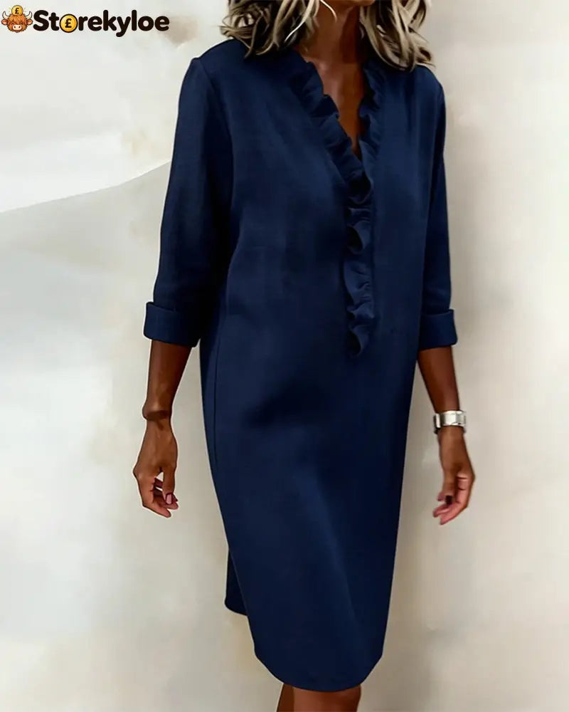 Ruffled V-Neck Solid Color Dress
