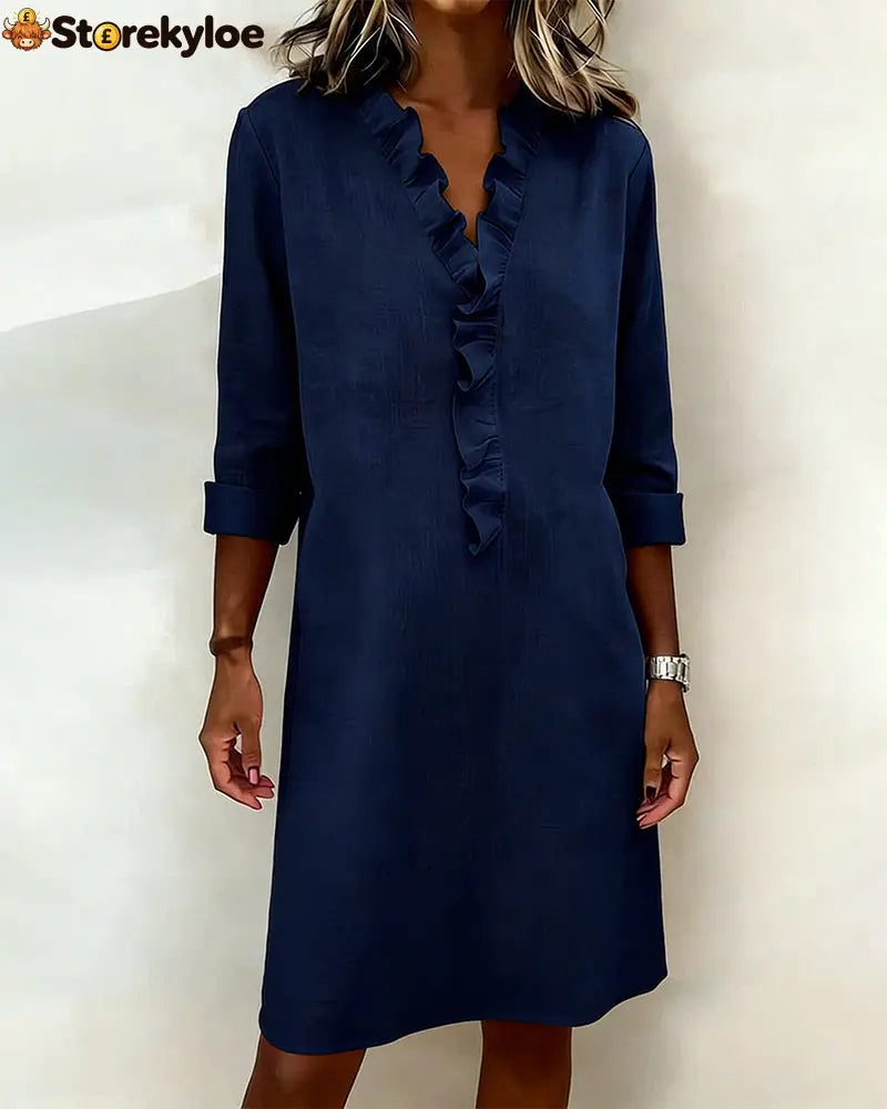 Ruffled V-Neck Solid Color Dress - Navy Blue / S