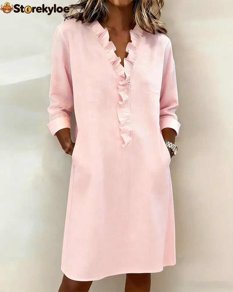 Ruffled V-Neck Solid Color Dress - Pink / S