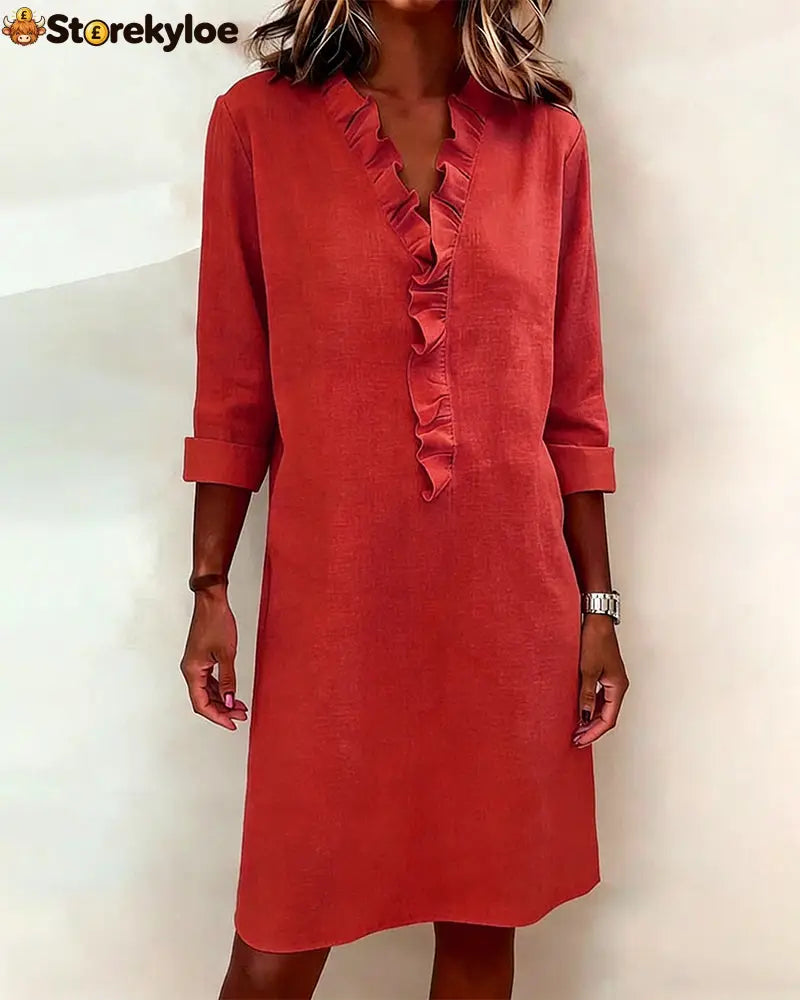 Ruffled V-Neck Solid Color Dress - Red / S