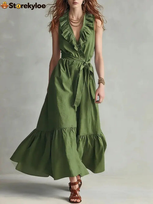 🌿 Ruffled V-Neck Wrap Maxi Dress - Army green / S