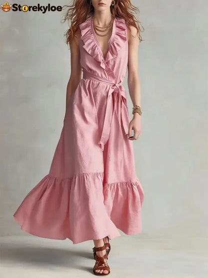 🌿 Ruffled V-Neck Wrap Maxi Dress - Pink / S