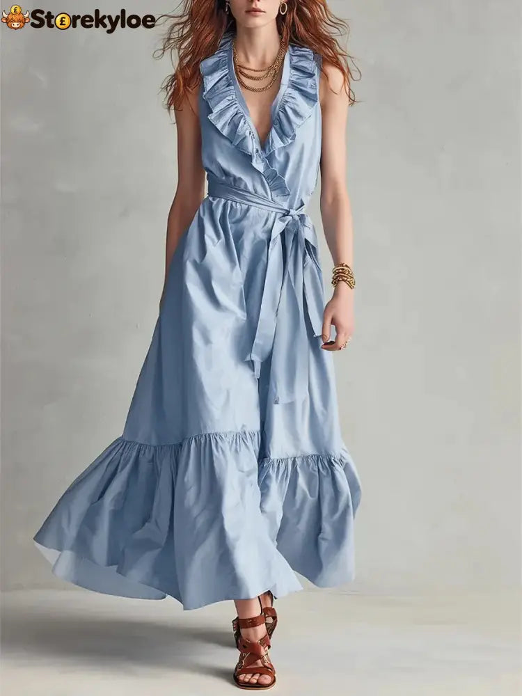 🌿 Ruffled V-Neck Wrap Maxi Dress - Sky blue / S