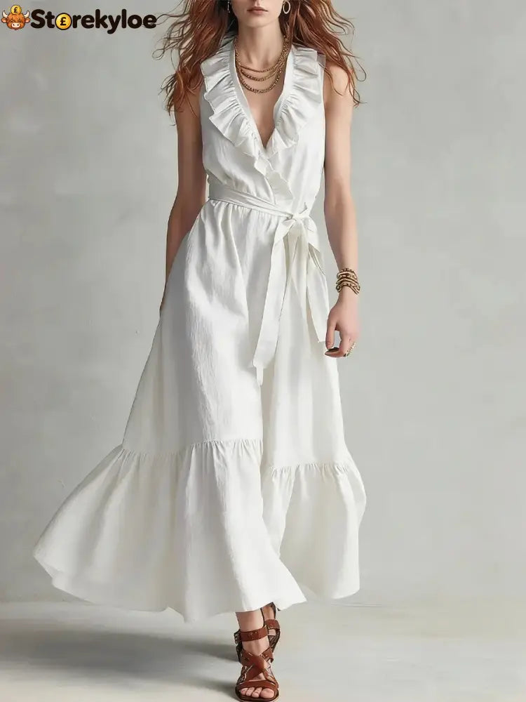 🌿 Ruffled V-Neck Wrap Maxi Dress - White / S