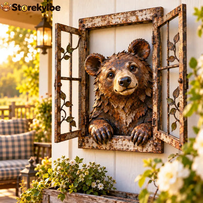 🪟 Rustic Peek-A-Boo Animal Window - Handcrafted Iron Wall Art That Brings a Little Woodland Charm Home 🌿 - 🐻 Bear