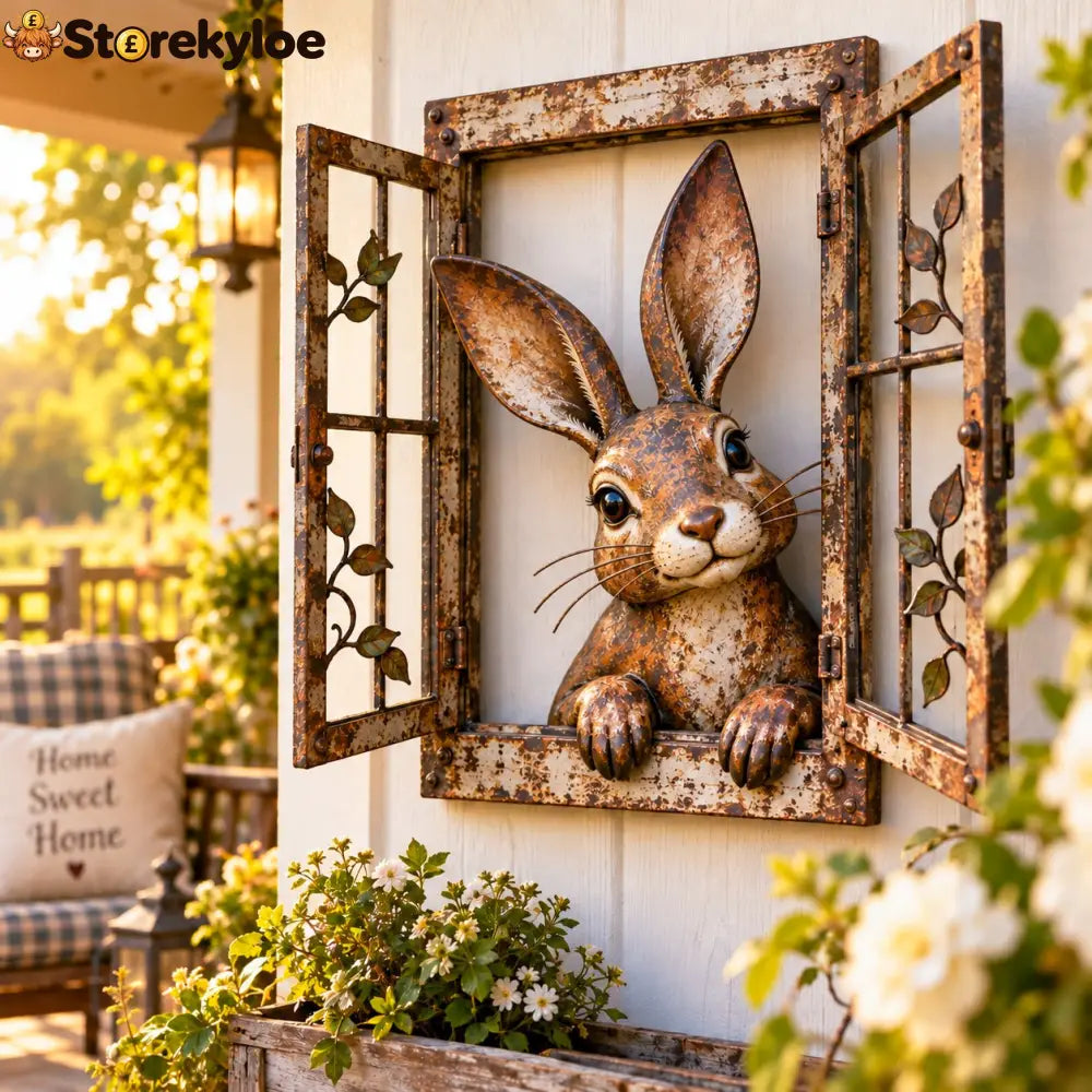 🪟 Rustic Peek-A-Boo Animal Window - Handcrafted Iron Wall Art That Brings a Little Woodland Charm Home 🌿 - 🐰 Bunny