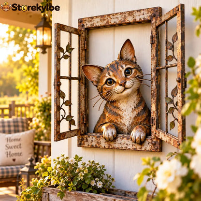 🪟 Rustic Peek-A-Boo Animal Window - Handcrafted Iron Wall Art That Brings a Little Woodland Charm Home 🌿 - 🐱 Cat