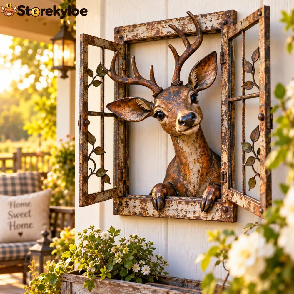 🪟 Rustic Peek-A-Boo Animal Window - Handcrafted Iron Wall Art That Brings a Little Woodland Charm Home 🌿 - 🦌 Deer