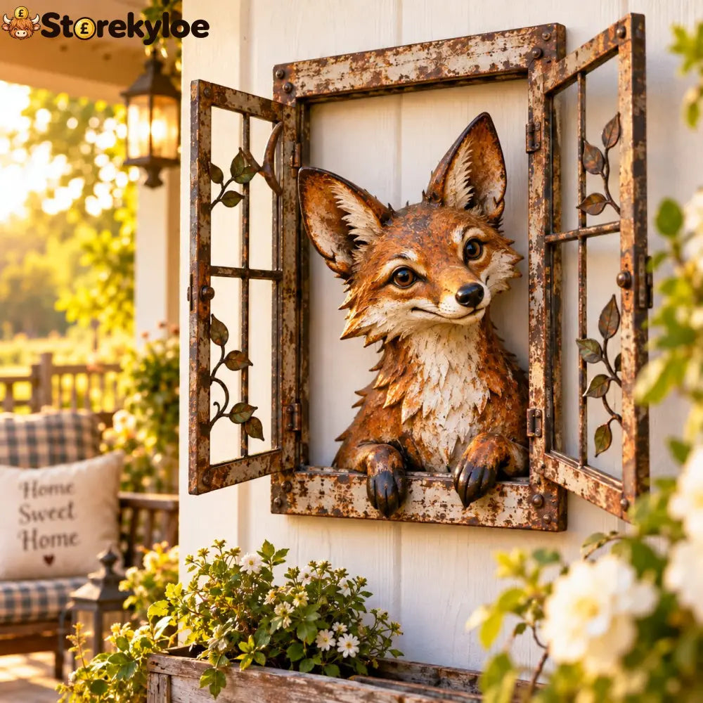🪟 Rustic Peek-A-Boo Animal Window - Handcrafted Iron Wall Art That Brings a Little Woodland Charm Home 🌿 - 🦊 Fox