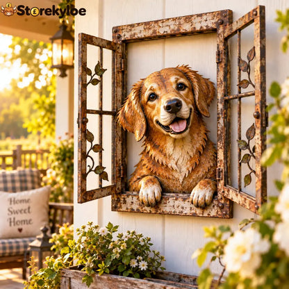 🪟 Rustic Peek-A-Boo Animal Window - Handcrafted Iron Wall Art That Brings a Little Woodland Charm Home 🌿 - 🐶 Golden