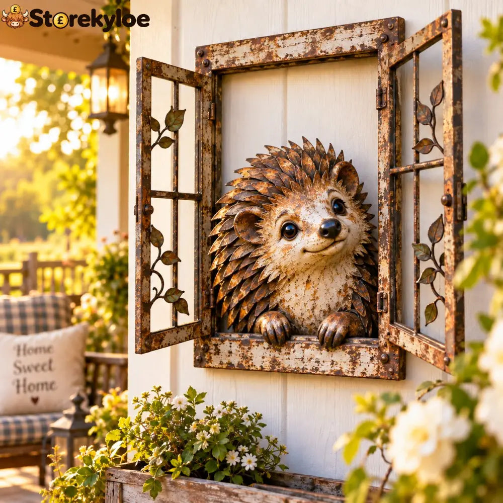 🪟 Rustic Peek-A-Boo Animal Window - Handcrafted Iron Wall Art That Brings a Little Woodland Charm Home 🌿 - 🦔 Hedgehog