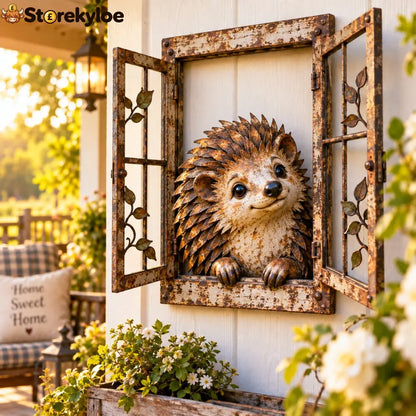 🪟 Rustic Peek-A-Boo Animal Window - Handcrafted Iron Wall Art That Brings a Little Woodland Charm Home 🌿 - 🦔 Hedgehog