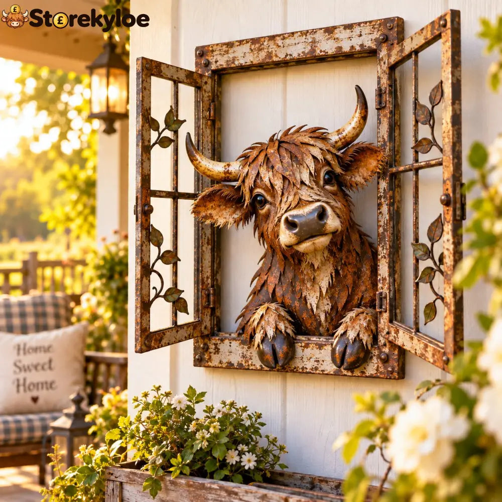 🪟 Rustic Peek-A-Boo Animal Window - Handcrafted Iron Wall Art That Brings a Little Woodland Charm Home 🌿 - 🐮 Highland