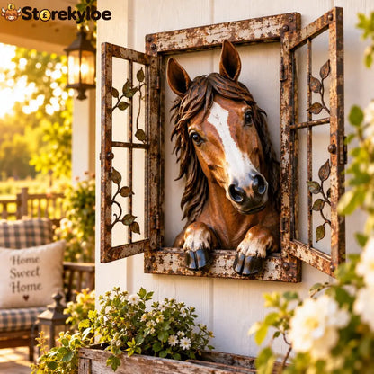 🪟 Rustic Peek-A-Boo Animal Window - Handcrafted Iron Wall Art That Brings a Little Woodland Charm Home 🌿 - 🐴 Horse