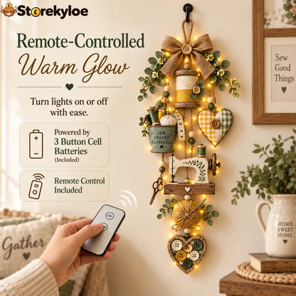 🧵✨ Rustic Wooden Sewing - Themed Hanging Ornament with Remote Control Fairy Lights
