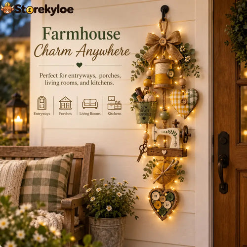 🧵✨ Rustic Wooden Sewing - Themed Hanging Ornament with Remote Control Fairy Lights - With lights