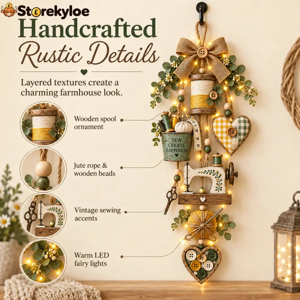 🧵✨ Rustic Wooden Sewing - Themed Hanging Ornament with Remote Control Fairy Lights