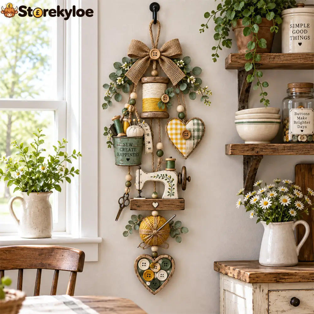 🧵✨ Rustic Wooden Sewing - Themed Hanging Ornament with Remote Control Fairy Lights - Without lights