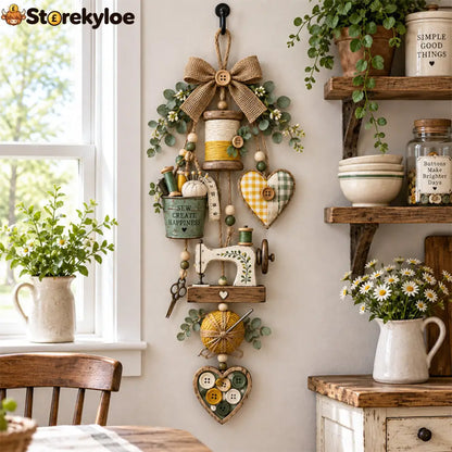 🧵✨ Rustic Wooden Sewing - Themed Hanging Ornament with Remote Control Fairy Lights - Without lights