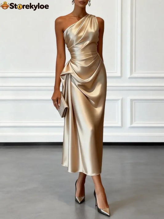 Satin One-shoulder Sleeveless Ruffled Midi Dress - Champagne / XS