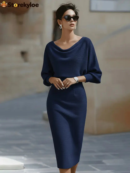 Sculpted Elegance Midi Dress - Navy Blue / S