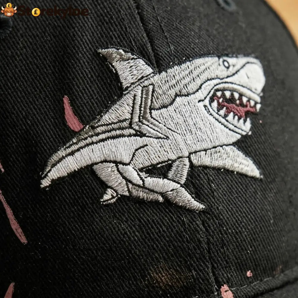 🦈 Shark Bite Baseball Cap | Embroidered Shark • Bite-Shaped Frayed Brim