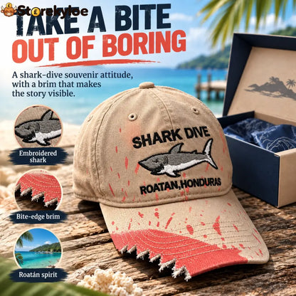 🦈 Shark Bite Baseball Cap | Embroidered Shark • Bite-Shaped Frayed Brim