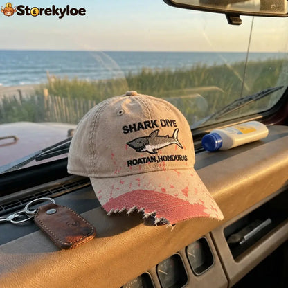🦈 Shark Bite Baseball Cap | Embroidered Shark • Bite-Shaped Frayed Brim