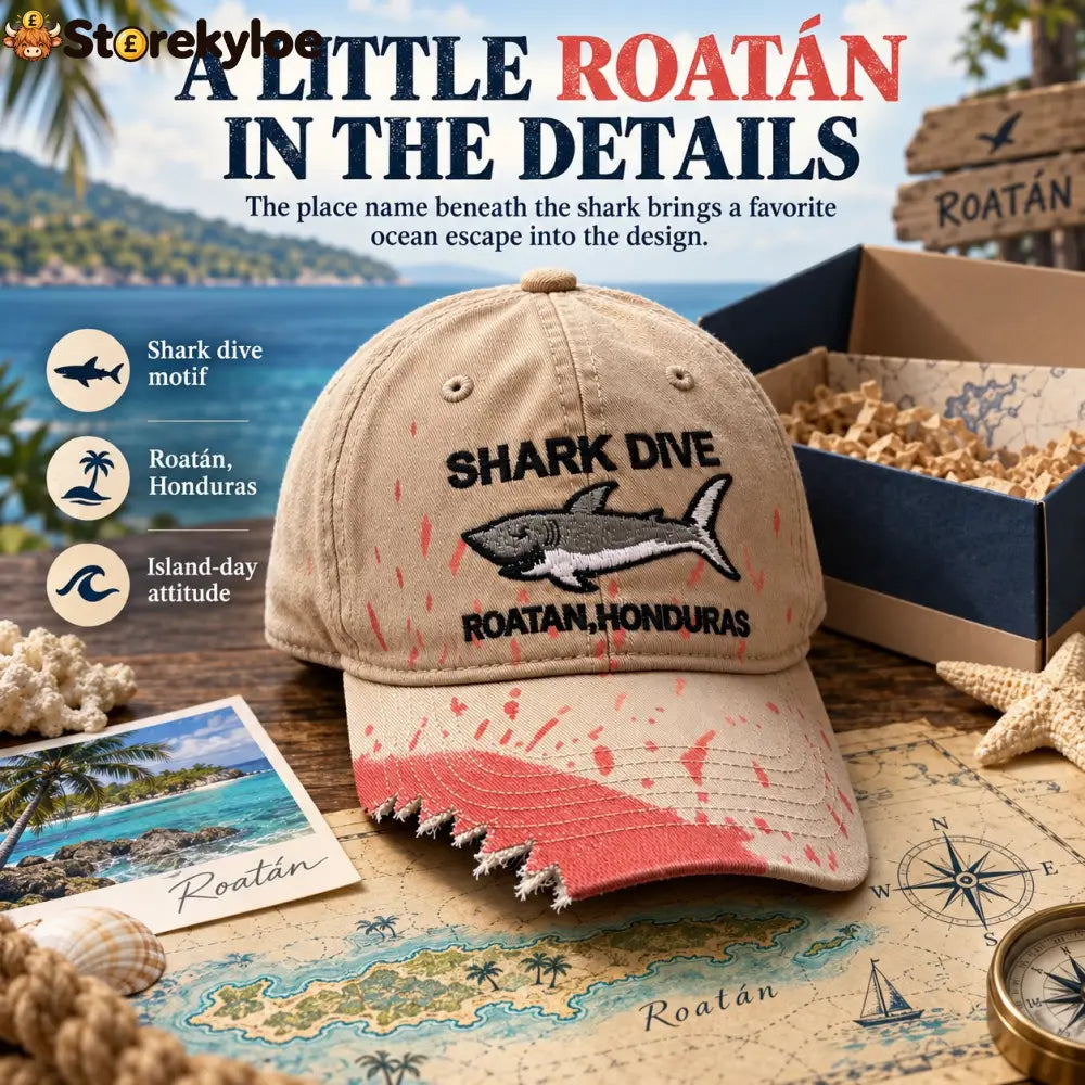 🦈 Shark Bite Baseball Cap | Embroidered Shark • Bite-Shaped Frayed Brim