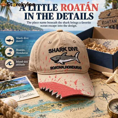 🦈 Shark Bite Baseball Cap | Embroidered Shark • Bite-Shaped Frayed Brim