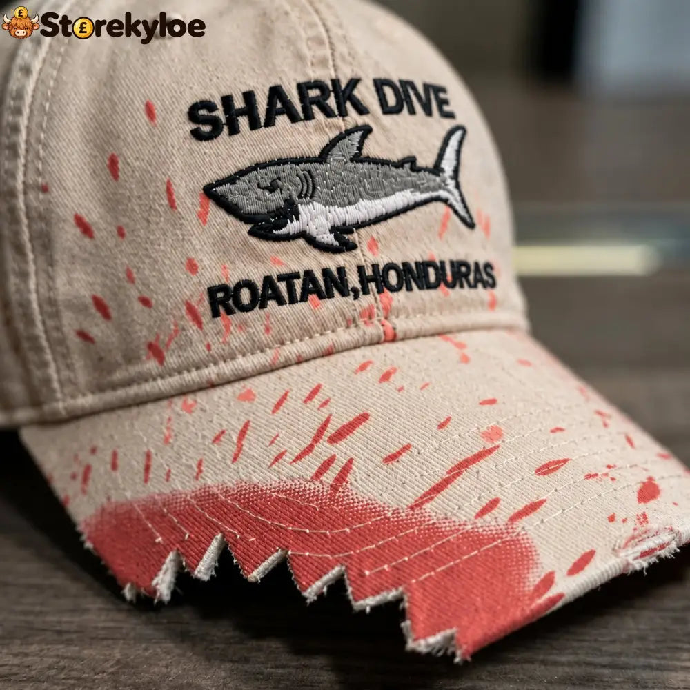 🦈 Shark Bite Baseball Cap | Embroidered Shark • Bite-Shaped Frayed Brim