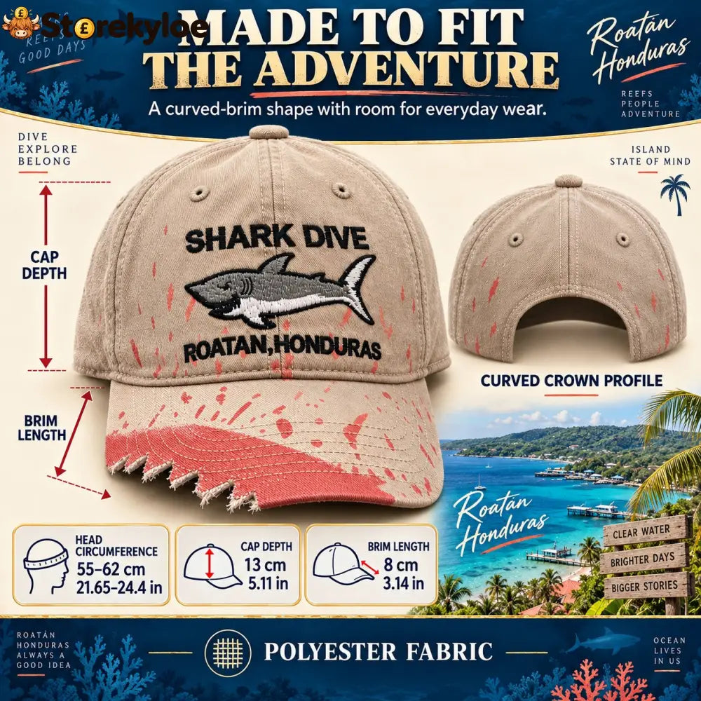 🦈 Shark Bite Baseball Cap | Embroidered Shark • Bite-Shaped Frayed Brim