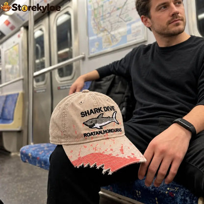 🦈 Shark Bite Baseball Cap | Embroidered Shark • Bite-Shaped Frayed Brim