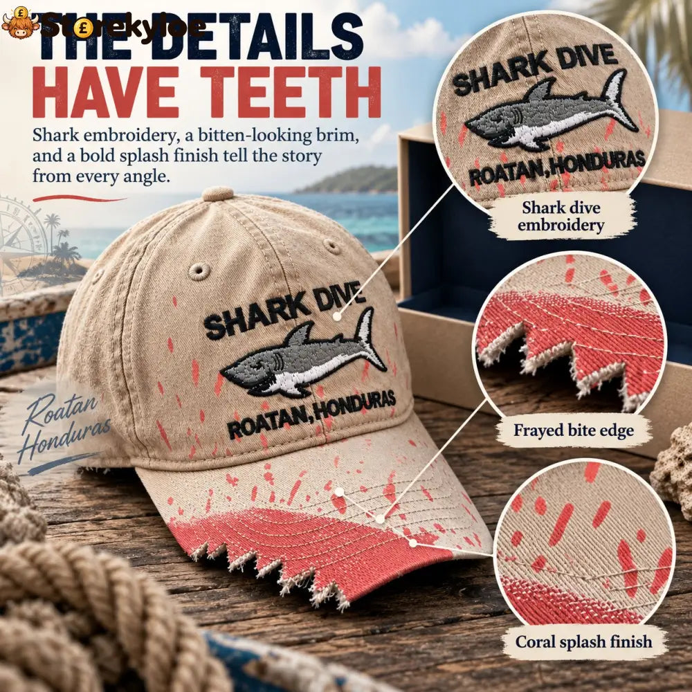 🦈 Shark Bite Baseball Cap | Embroidered Shark • Bite-Shaped Frayed Brim