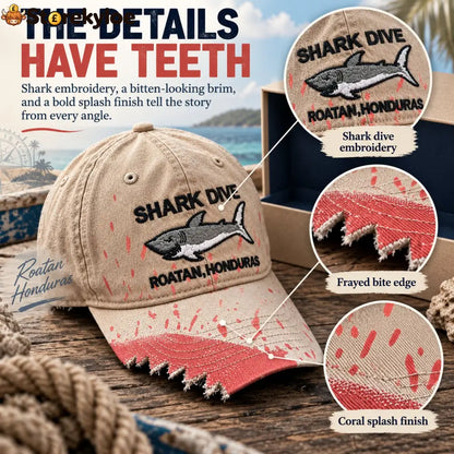 🦈 Shark Bite Baseball Cap | Embroidered Shark • Bite-Shaped Frayed Brim