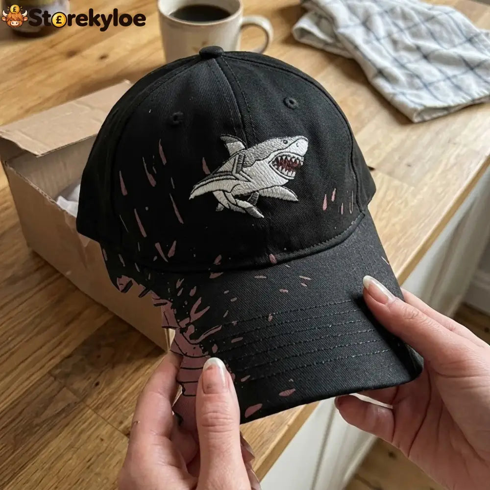 🦈 Shark Bite Baseball Cap | Embroidered Shark • Bite-Shaped Frayed Brim - Black