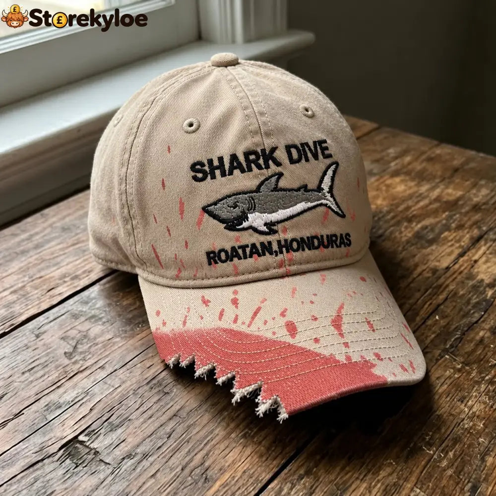 🦈 Shark Bite Baseball Cap | Embroidered Shark • Bite-Shaped Frayed Brim - Khaki