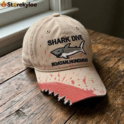 🦈 Shark Bite Baseball Cap | Embroidered Shark • Bite-Shaped Frayed Brim - Khaki