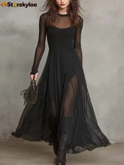 Sheer Mesh Maxi Dress - Black / S - Dresses
