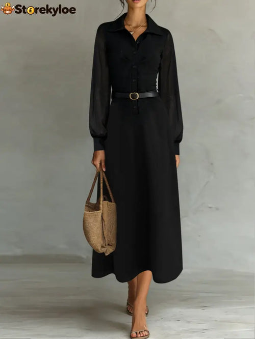 Sheer Sleeve Belted Maxi Shirt Dress - Black / XS - Maxi Dresses