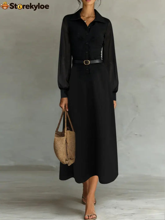 Sheer Sleeve Belted Maxi Shirt Dress - Black / XS - Maxi Dresses