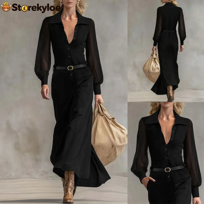 Sheer Sleeve Belted Maxi Shirt Dress - Maxi Dresses
