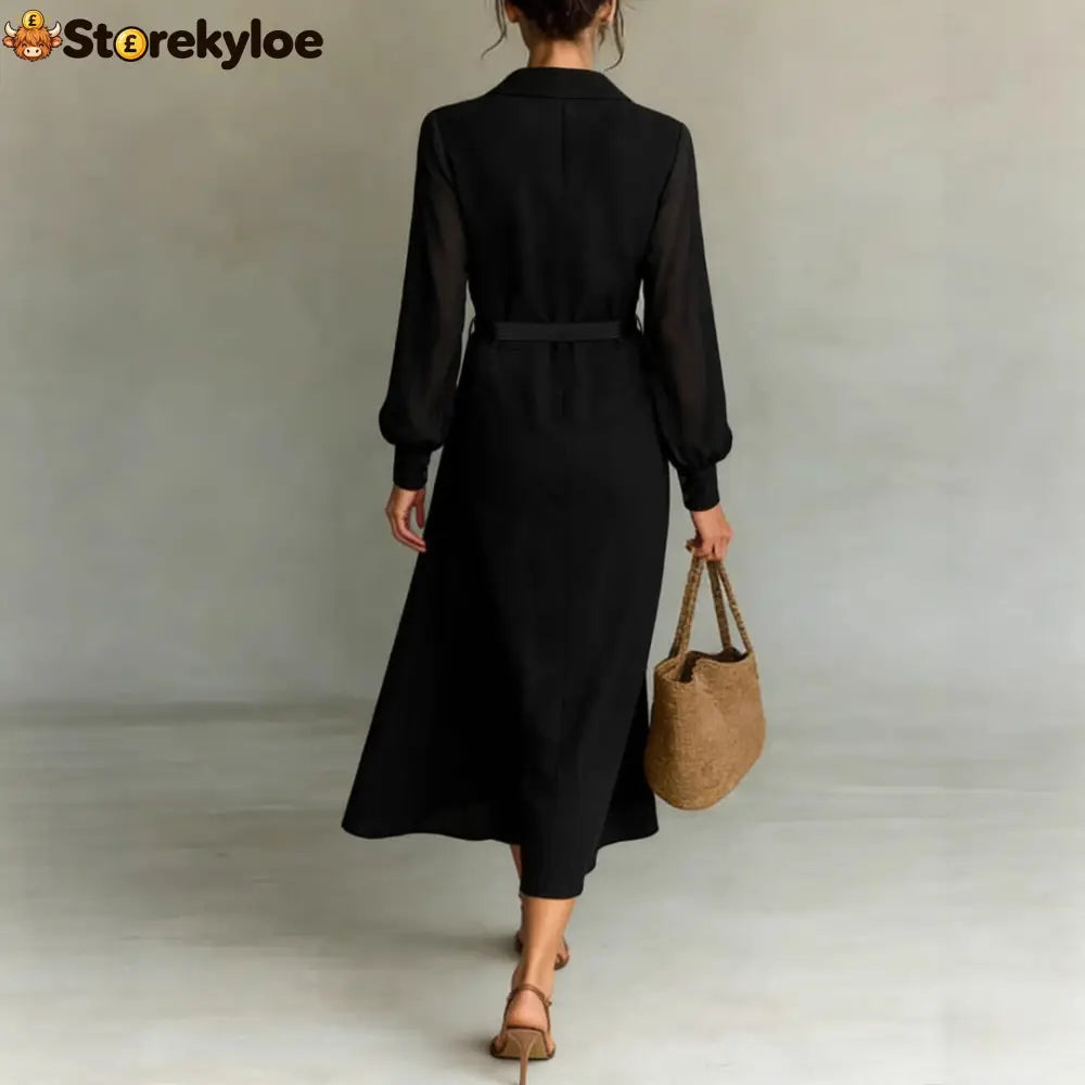 Sheer Sleeve Belted Maxi Shirt Dress - Maxi Dresses