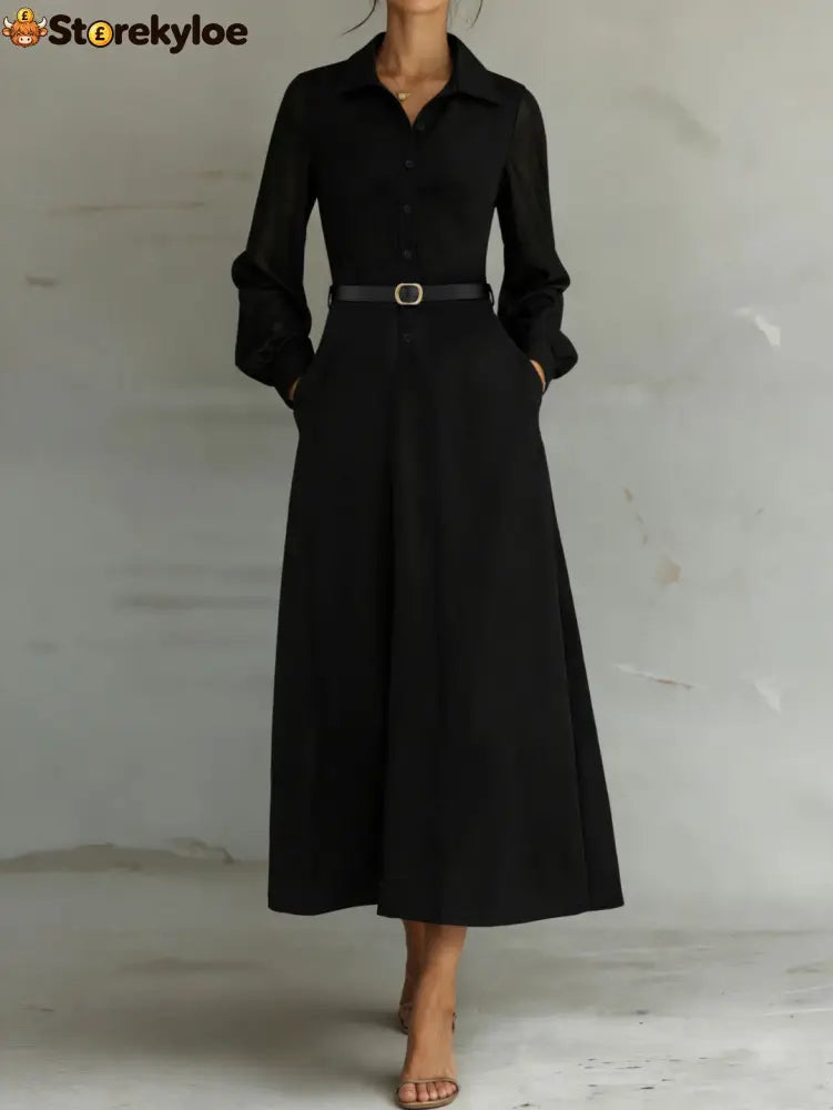 Sheer Sleeve Belted Maxi Shirt Dress - Maxi Dresses