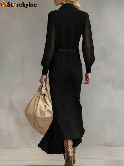 Sheer Sleeve Belted Maxi Shirt Dress - Maxi Dresses