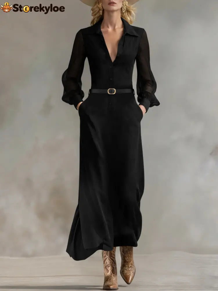 Sheer Sleeve Belted Maxi Shirt Dress - Maxi Dresses