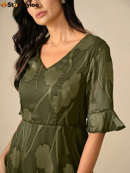 Sheer Sleeve V-Neck Floral Dress